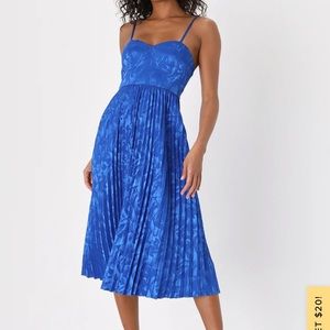 NWT Lulu’s Chic Sensibility Cobalt Blue Satin Jacquard Pleated Midi Dress